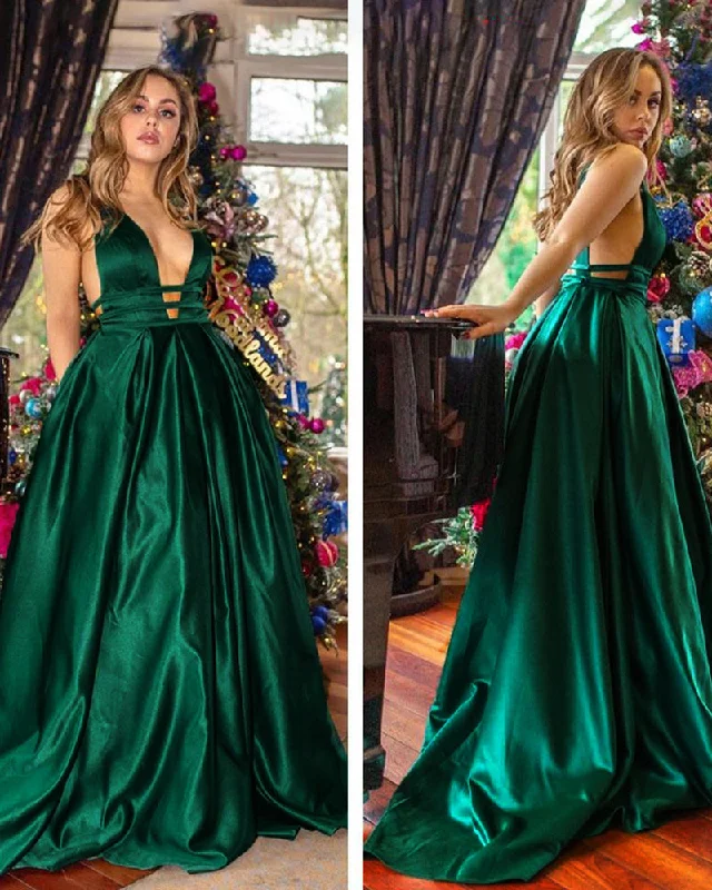 Trend Forward Threads Sexy V Neck Long Satin A Line Deep V Neck Emerald Evening Dress   Long Party Gown PL10909 Big Savings on Minimalist Office Styles