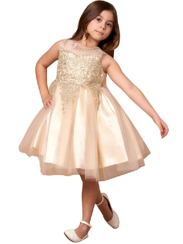 Avant-Garde Style Promotions Big Girls Champagne Embroidered Illusion Neckline Junior Bridesmaid Dress 8-18 Big Savings on Minimalist Office Styles