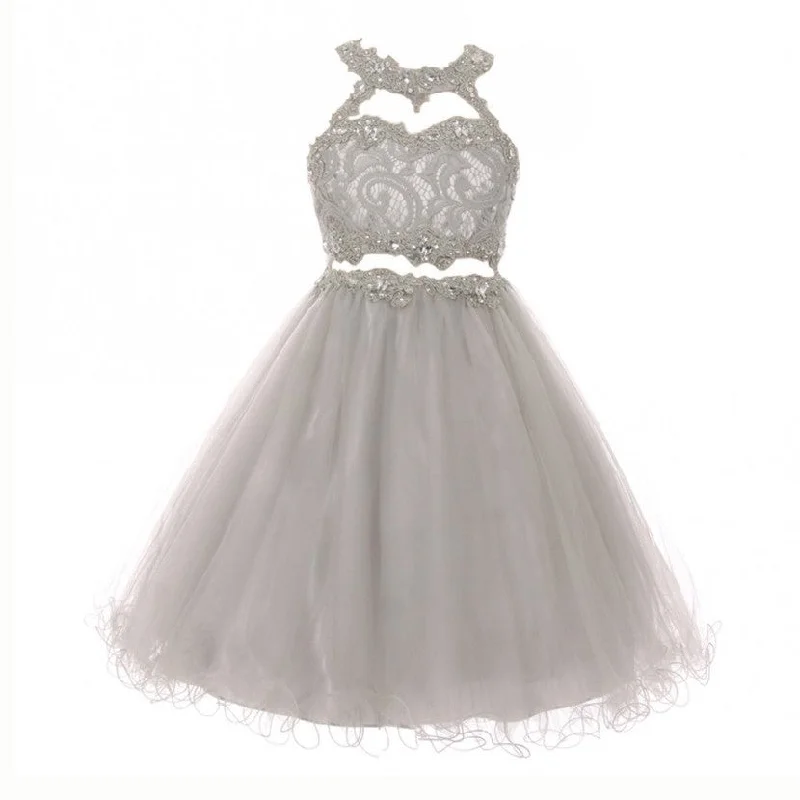 Style Breakthroughs Big Girls Silver Rhinestone Halter Neck Lace Tulle Junior Bridesmaid Dress 8-20 Graceful Drape