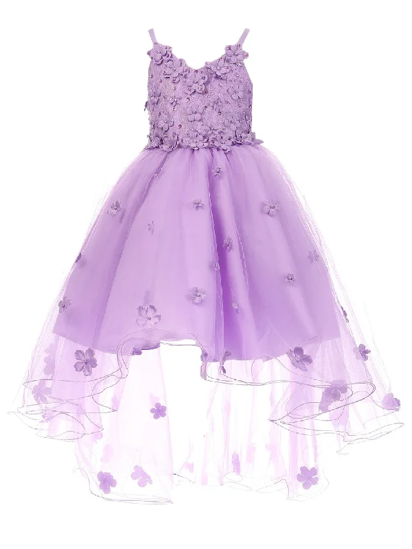 Sustainable Fashion Extravaganza Big Girls Lilac 3D Flower Embedded High Low Tulle Junior Bridesmaid Dress 8-12 Fashion-Forward Style