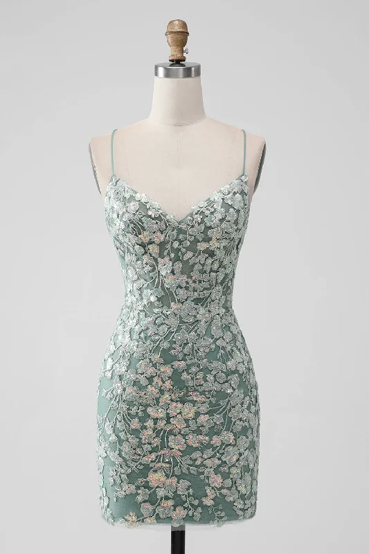 Hot Sale Grey Green Bodycon Lace-up Back Short Homecoming Dress with Sequin Appliqued Casual Weekend Relaxed Style