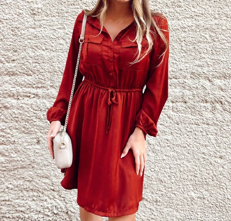 Limited Stock Satin Shirt Dress In Dark Rust Vintage Look