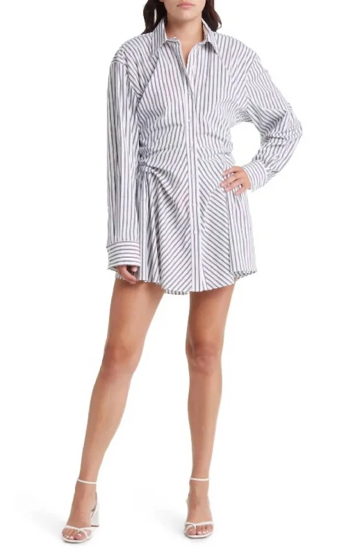 Don't Miss Out Striped Shirred Ruched Shirt Dress In White/black Bohemian Vibe