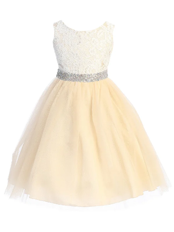 Classic Chic Deals Big Girls Champagne Lace Thick Crystal Belt Junior Bridesmaid Dress 8-12 Casual Chic