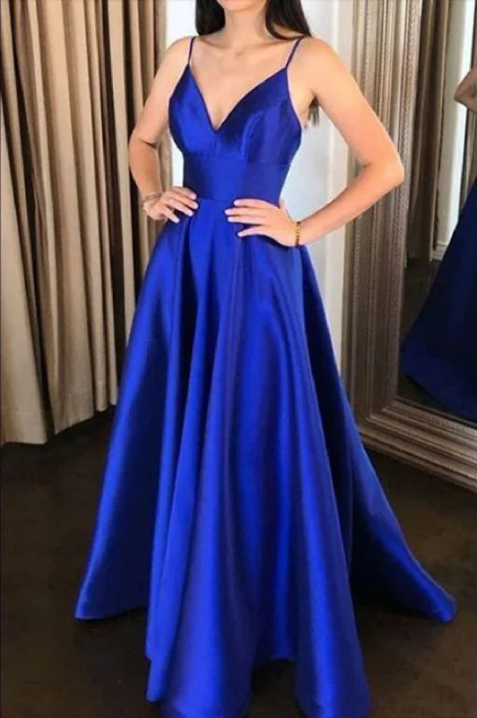 Fresh Styles, Fresh Deals Satin A Line V Neck Royal Blue Evening Formal Party Dress ,Girls Prom Long Gown PL10127 Graceful Cut