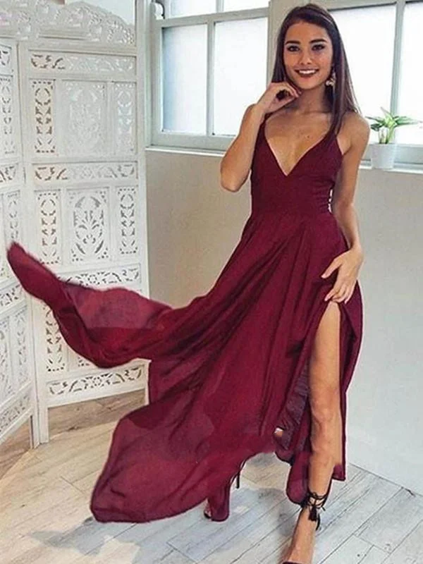 Contemporary Casual Deals A Line V Neck Backless Long Maroon/Burgundy Prom Dresses, Backless Formal Dresses, Backless Maroon/Burgundy Bridesmaid Dresses Bohemian Vibe