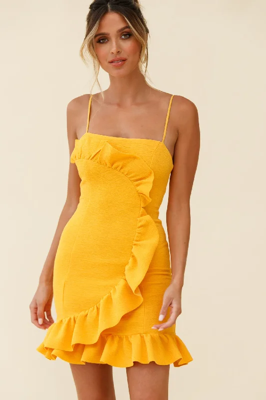 Limited Styles Juanita Half Moon Ruffle Detail Bodycon Dress Yellow Graceful Cut