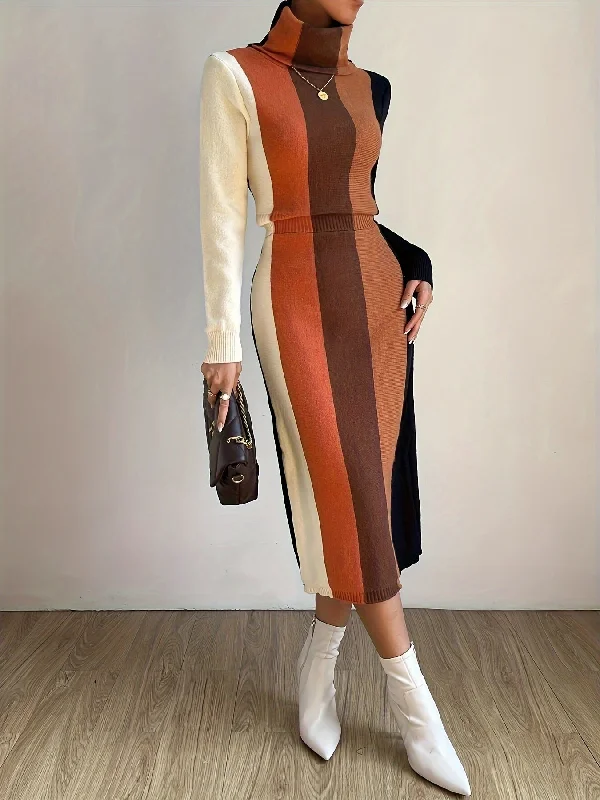 Sophisticated Fashion Vibrant Color Block Turtle Neck Knit Dress - Soft, Elegant, Simple, Long Sleeve, Slim Fit, Midi Length, Perfect for Spring & Fall - Women's Clothing for Everyday Wear Timeless Elegant