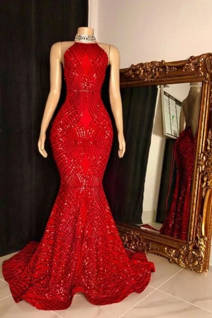 Classy Style Discounts Halter Sleeveless Red Long Sequin Trumpet Prom Dresses   cg22450 Lightweight Fabric