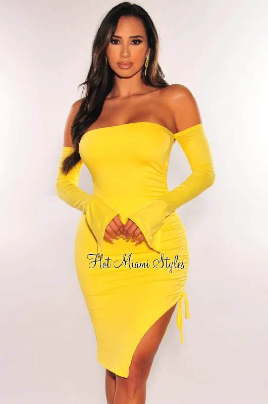 Classic Elegance Sales Yellow Off Shoulder Long Sleeves Ruched Slit Dress Bold Silhouette