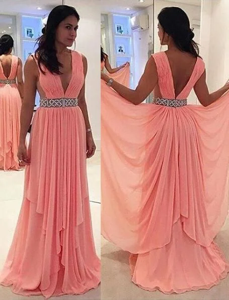 Vibrant Style Promotions Column/Sheath V-Neck Sleeveless Natural Zipper Floor-Length/Long Chiffon Glamorous Pink Prom Dresses    cg21550 Ethnic Cultural Event Wear