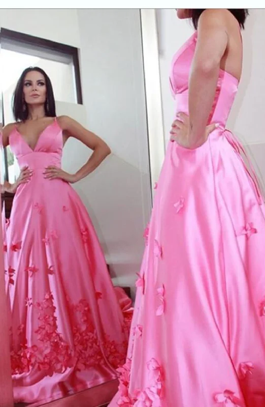 Chic Trends Unveiled Fushsia Pink V Beck A Line Satin Handmade Flowers Pageant Gown ,Fomral Prom Dress Girls ,Gradaution Dress ,PL10413 Effortless Comfort