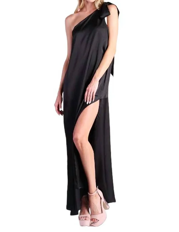 Classic Modern Offers Shiny Hammered Satin Maxi Dress In Black Weekend Special