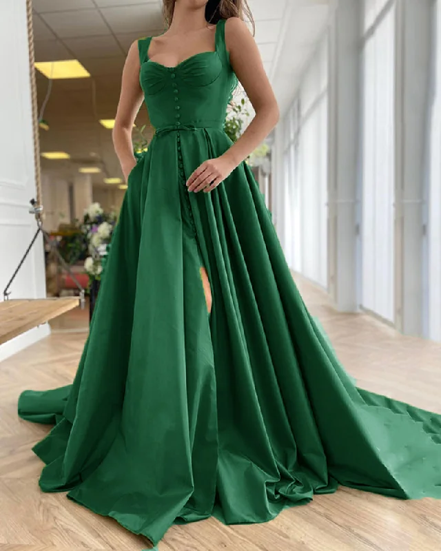 Unleash Your Fashion Emerald Green Satin A Line High Slit Prom Dress with Buttons Vestido De Novias Longo   PL10611 Grab Romantic Date - Night Styles Now