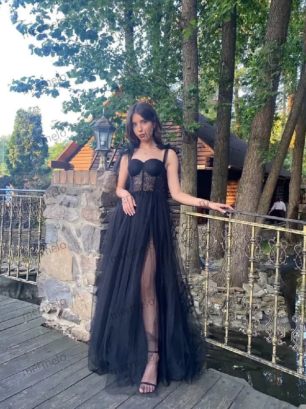 Summer Fashion Black Corset Prom Corset Dress, Black Mesh Long Sleeves Bridal Gown, Tull Skirt Plus Size Prom Dress, Tea Length Prom Dress, Dreamy Aesthetic