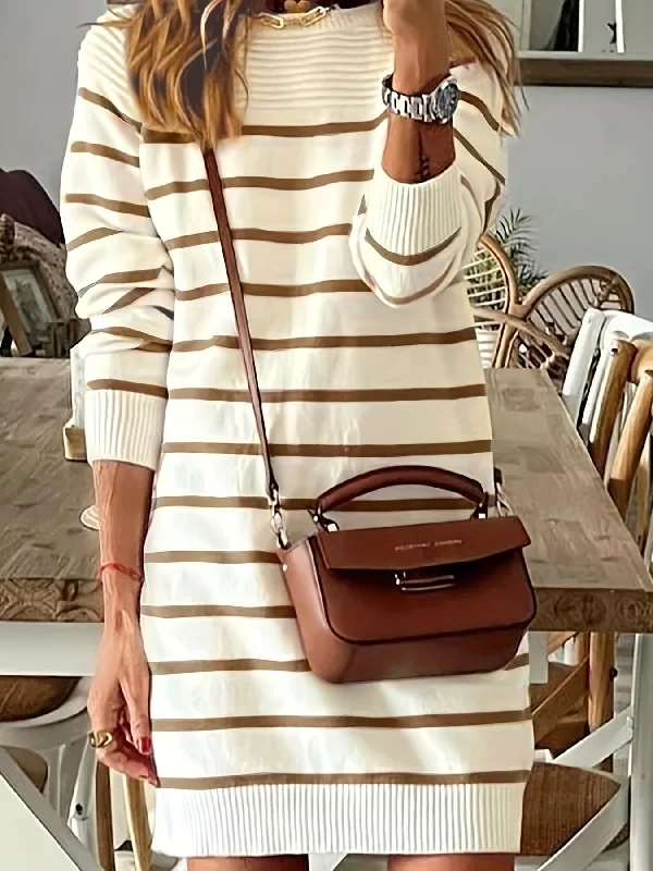 Street Style Discounts Cozy Striped Crew Neck Sweater Dress - Soft, Long Sleeve, Casual, Comfortable, Relaxed Fit - Womens Simple Everyday Wear, Autumn and Winter Essentials Statement Piece