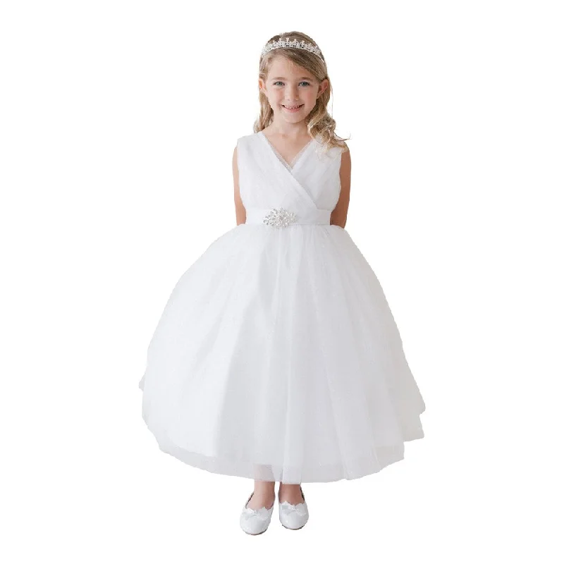 Fashion Deal Big Girls White Glitter Tulle Rhinestone Brooch Junior Bridesmaid Dress 8-12 Chic Urban Fashion Look