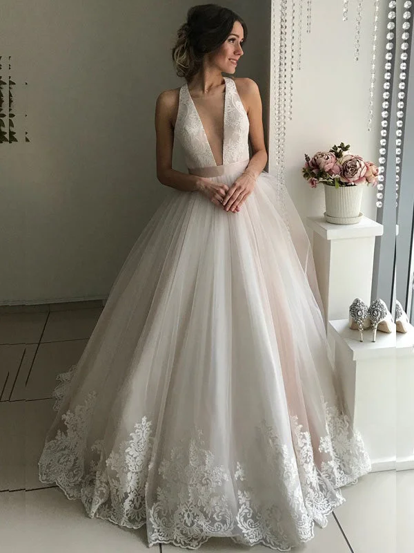 Avant-Garde Style Promotions Sexy Blush Pink Deep V-neck A-line Long Lace Wedding Dress, Wedding Gown, WD3053 Romantic Flair