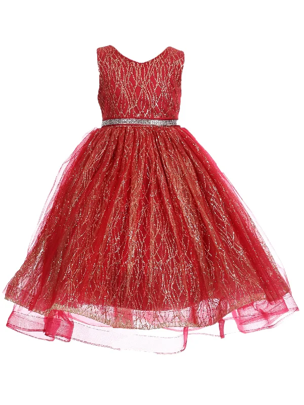 Urban Style Promotions Big Girls Burgundy Gold Glitter Tulle Sleeveless Junior Bridesmaid Dress 8-14 Art Deco Geometric Pattern Look