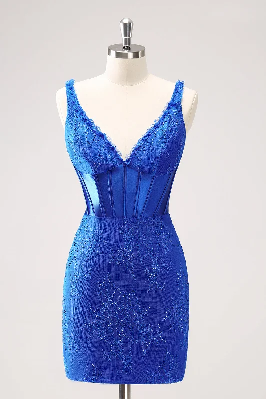 Refined Fashion Sale Sparkly Royal Blue Bodycon V Neck Beaded Corset Ruched Homecoming Dress with Lace Up Back Sophisticated Cut