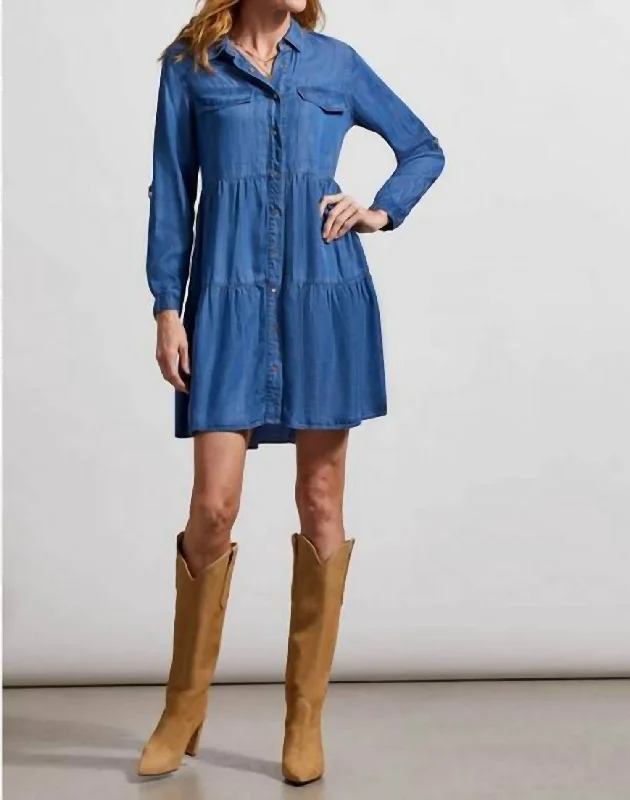 Latest Trends Chambray Roll-Sleeve Shirt Dress In Indigo Minimalist Office - Ready Style