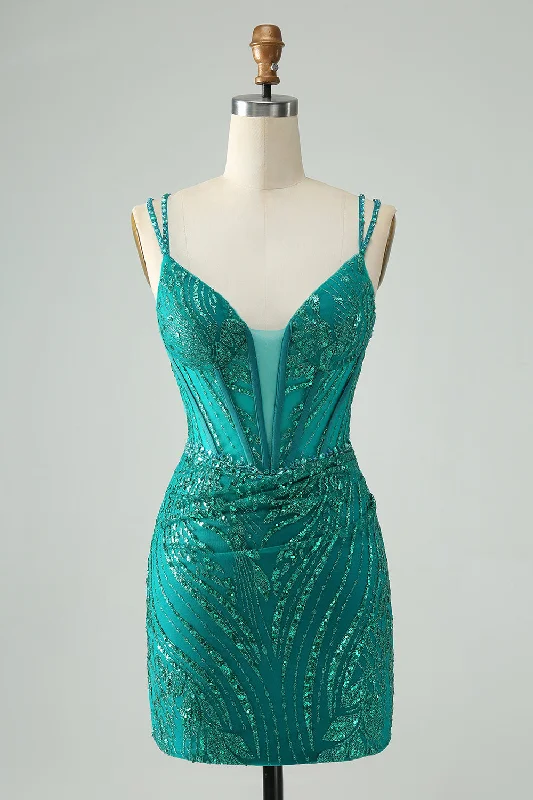 Seasonal Style Discounts Classy Dark Green Bodycon Spaghetti Straps Corset Sequin Short Homecoming Dress Today Only