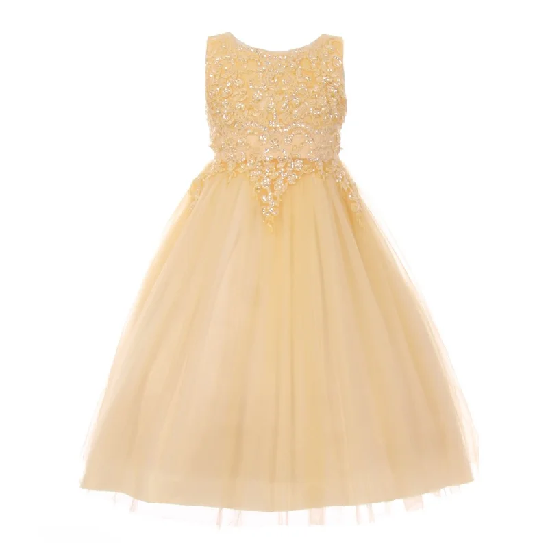 Exclusive Designer Style Deals Big Girls Champagne Pearl Sequin Satin Tulle Junior Bridesmaid Dress 8-16 Summer Fashion