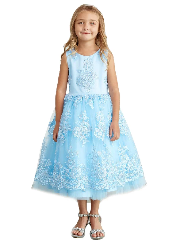 Chic Style, Always In Vogue Big Girls Sky Blue Metallic Lace Overlay Tulle Junior Bridesmaid Dress 8-16 Classic Charm