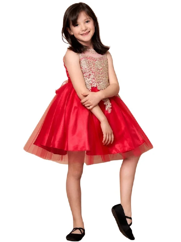 Special Offers Big Girls Red Gold Embroidered Illusion Neckline Junior Bridesmaid Dress 8-18 Coastal Beach - Inspired Style