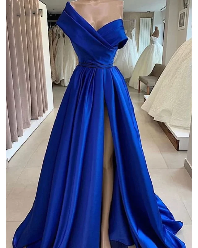 Clearance Event Unique A Line Satin Royal Blue Evening Dress ,Long Off One Shoulder Prom Dresses PL0805 Minimalist Chic