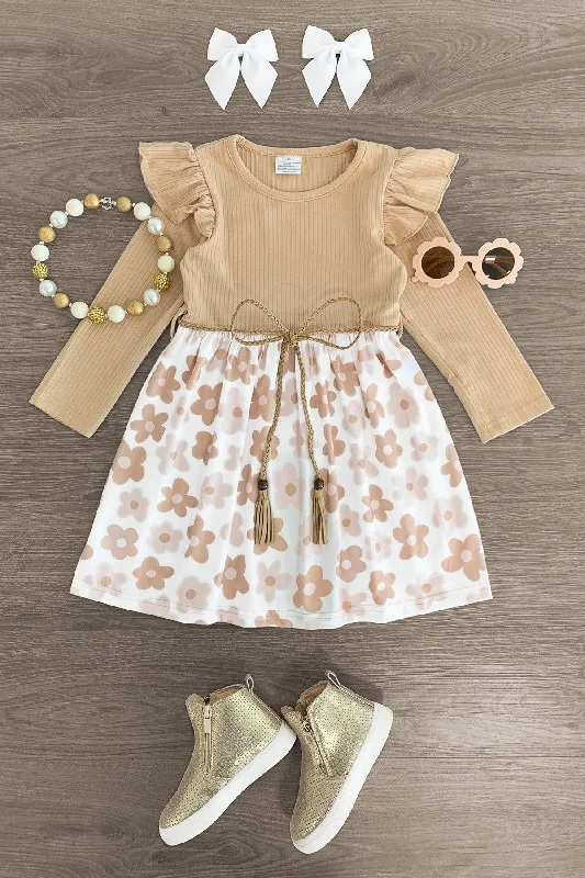 Huge Discounts This Week Tan & Pink Flower Long Sleeve Dress Limited - Edition Drops