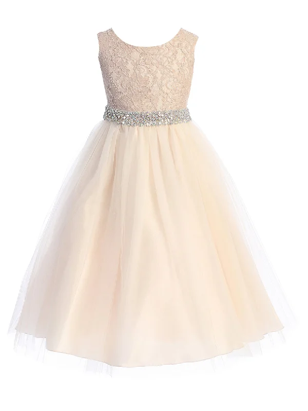 Chic Style Discounts Big Girls Blush Lace Wide Rhinestone Trim Tea Length Junior Bridesmaid Dress 8-14 Elevated Style