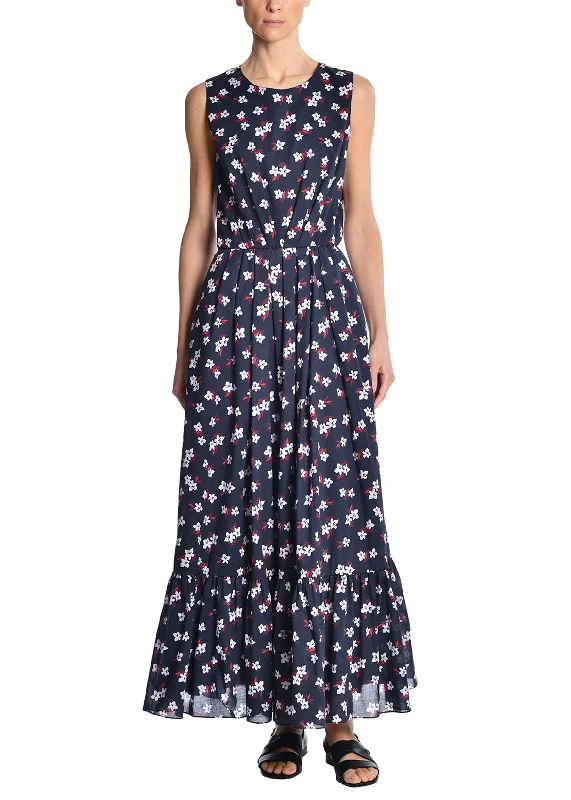 Quick Grab Deals Sleeveless Pleated Waist Dress In Printed Voile Vintage Elegance