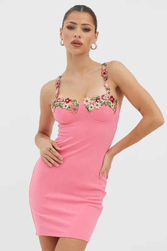 Relaxed Style Deals Rose Garden Floral Applique Bodycon Mini Dress Hot Pink Vibrant Prints