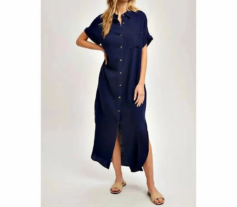 Affordable Luxury Fashion Maxi Button Up Shirt Dress With Pocket In Indigo Minimalist Elegant