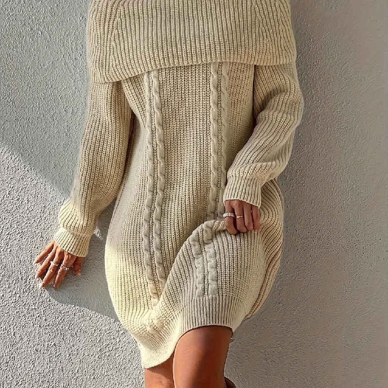 Casual Fashion Stylish Plus Size Cable Knit Off Shoulder Sweater Dress - Women's Plus Size Sweater Dresses with Long Sleeves and Chic Design - Cozy Winter Fashion for Curvy Women Casual Chic