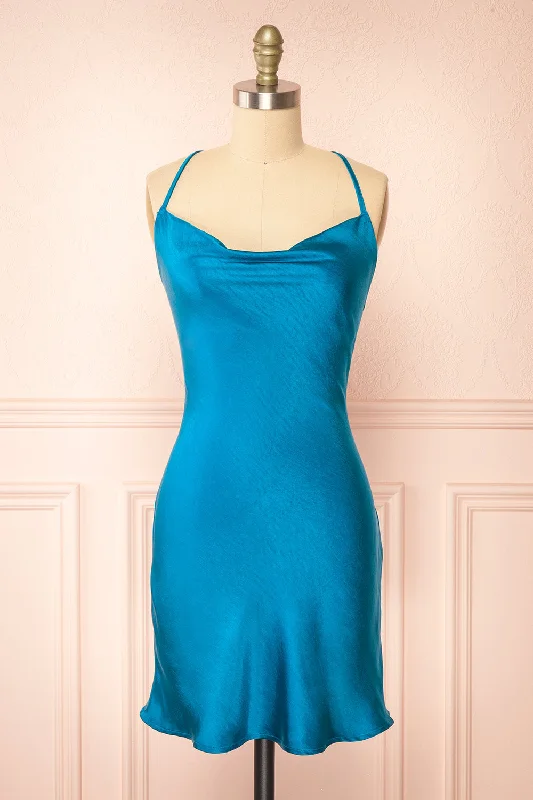 Hurry Before It'S Gone Mariam | Short Blue Satin Dress w/ Open Back Vintage Retro Party Wear