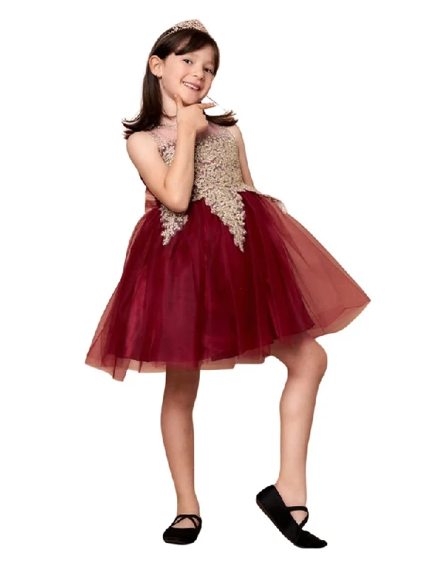 Affordable Trendy Fashion Big Girls Burgundy Embroidered Illusion Neckline Junior Bridesmaid Dress 8-18 Casual Weekend Relaxed Style