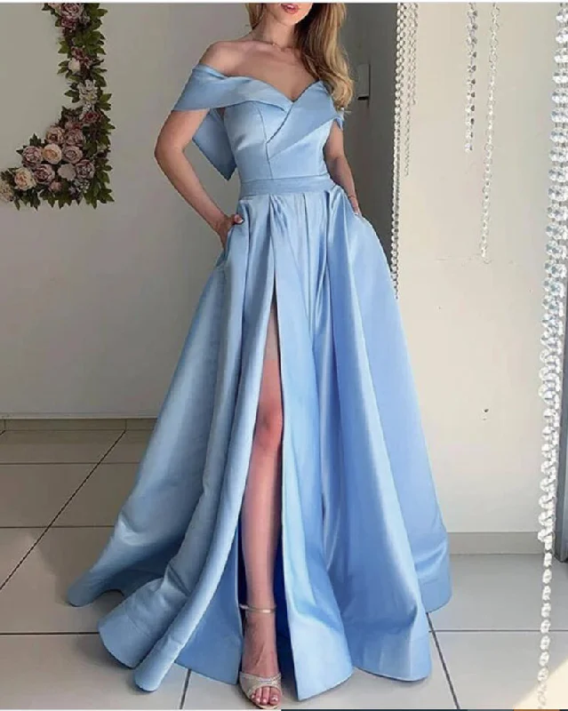 Trendy Women'S Wear Collection Stunning sky Baby Blue off the Shoulder Pocket A Line Satin Prom Long Graduation Party Dress PL10329 Effortless Grace