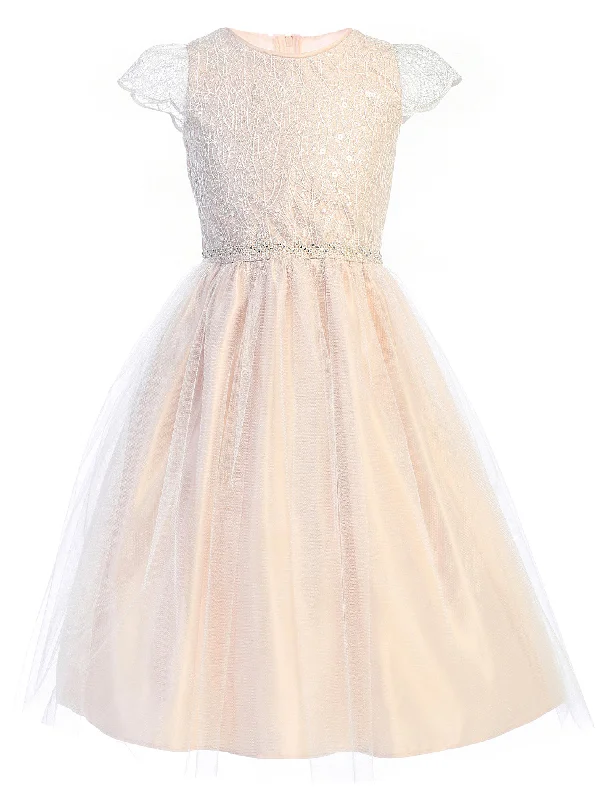 Summer Fashion Girls Blush Cord Sequin Embroidered Lace Tulle Junior Bridesmaid Dress 7-16 Elegant Attire