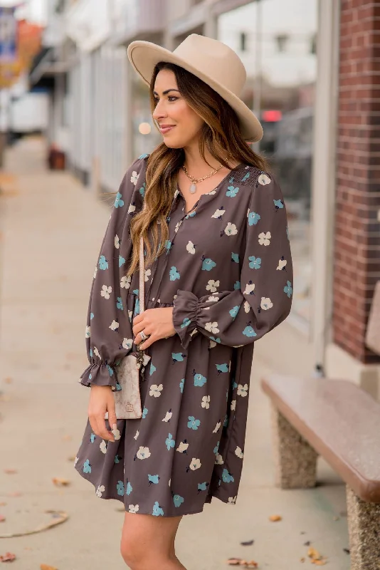 Laid-Back Fashion Offers Blossoms Ruffle Long Sleeve Dress Casual Chic