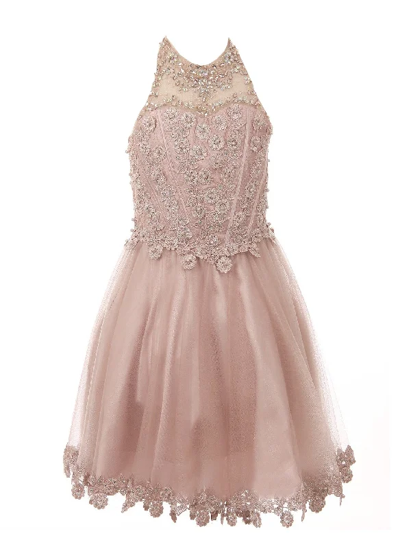 Romantic Chic Deals Big Girls Dusty Rose Halter Neck Rhinestone Sequin Junior Bridesmaid Dress 8-16 Vintage Charm