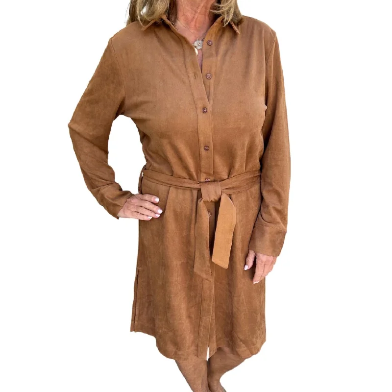 Daily Deals Faux Suede Shirt Dress In Cognac Romantic Flair