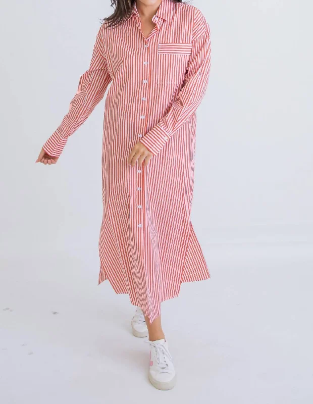 Style Breakthroughs Stripe Poplin Pocket Maxi Shirt Dress In Orange Refined Look