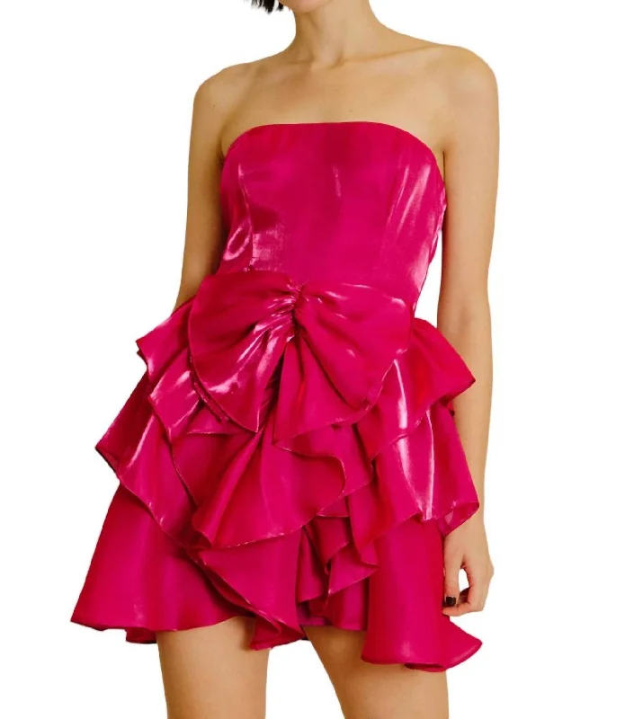 Vibrant Style Promotions Satin Strapless Brows Mini Dress In Magenta Tropical Island - Inspired Attire