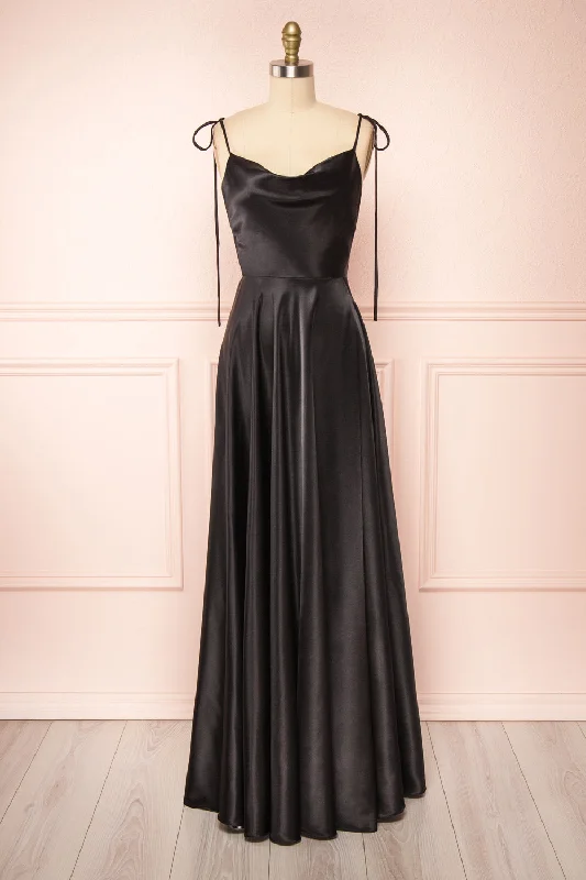 Contemporary Casual Deals Moira Black | Cowl Neck Satin Maxi Dress w/ High Slit Vintage Elegance