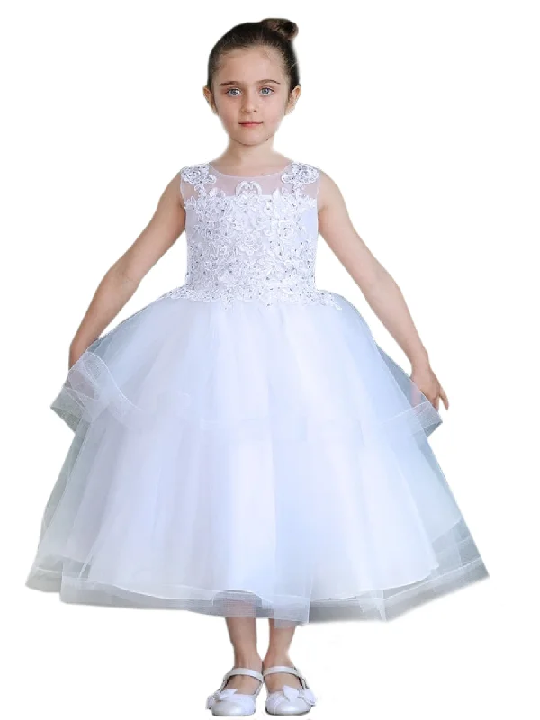 End Of Season Sale Big Girls White Illusion Neckline Lace Organza Junior Bridesmaid Dress 8-16 Art Deco Geometric Pattern Look