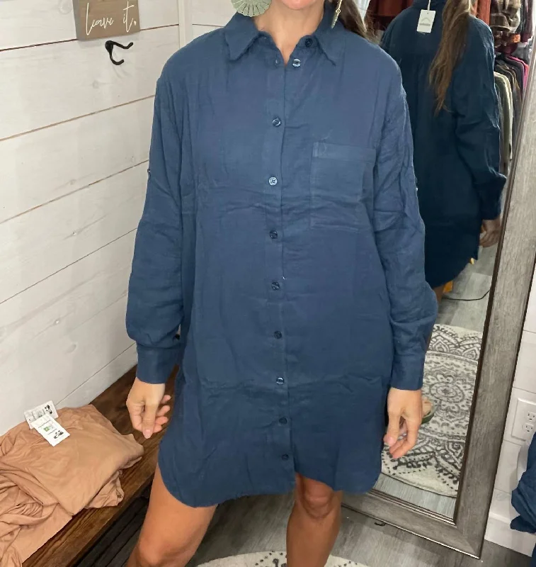 Unleash Your Fashion Gauze Oversized Long Sleeve Shirt Dress In Navy Chic Sophistication