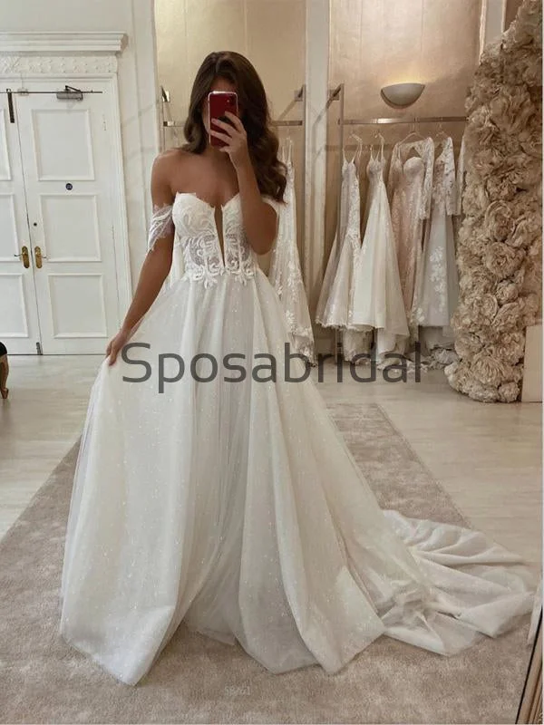 The Latest Trends A-line Lace Vintage Sparkly Off the shoulder Wedding Dresses, Modest Prom Dresses WD0371 Bold Patterns