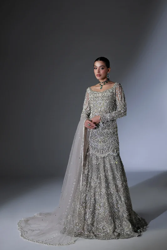 Elegant Fashion Offers Net Pakistani Bridal Dress in Grey Lehenga Shirt Style Romantic Detailing